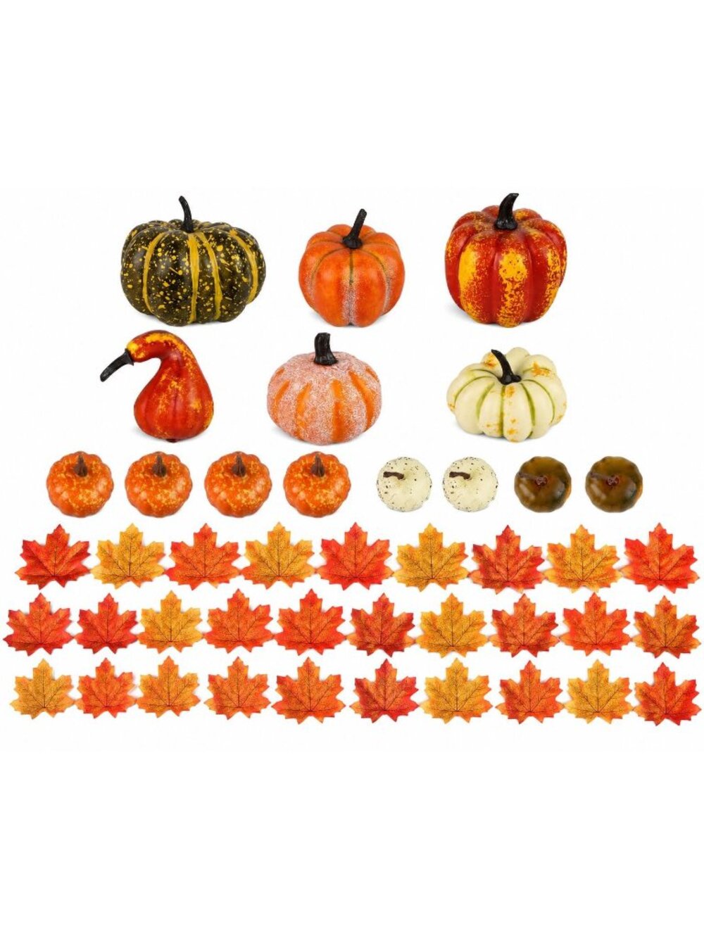 14 Artificial Mini Pumpkins and Gourds with 30 Maple Leaves, Fall Harvest Decor,